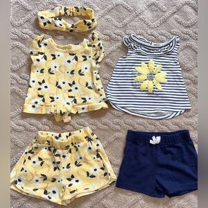 Girls 12M Summer Outfits - Lemons & Flower Printed Shirt & Shorts Set, Lot Of 2